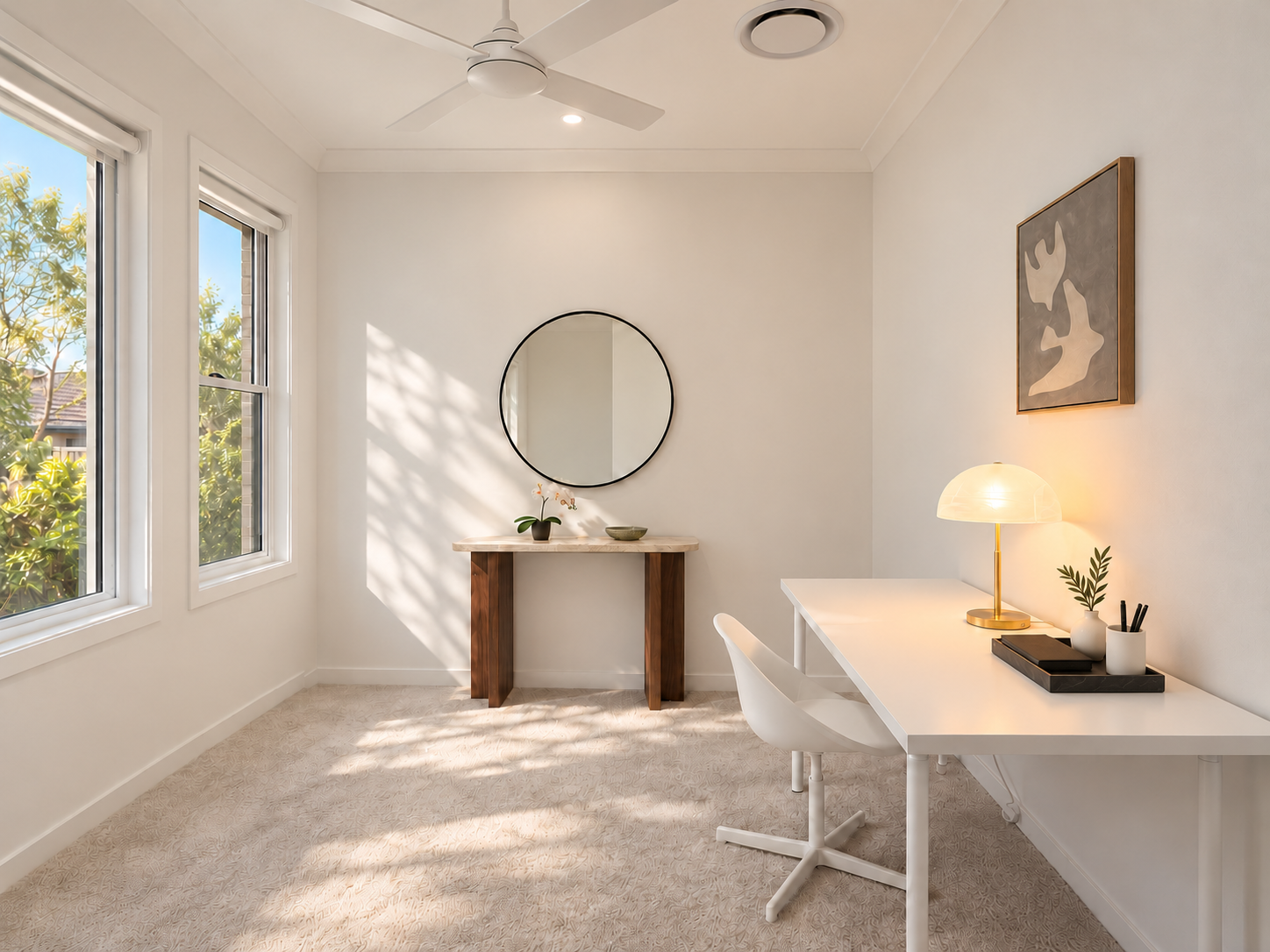 Sunlit home office with leafy views and a calm, modern design