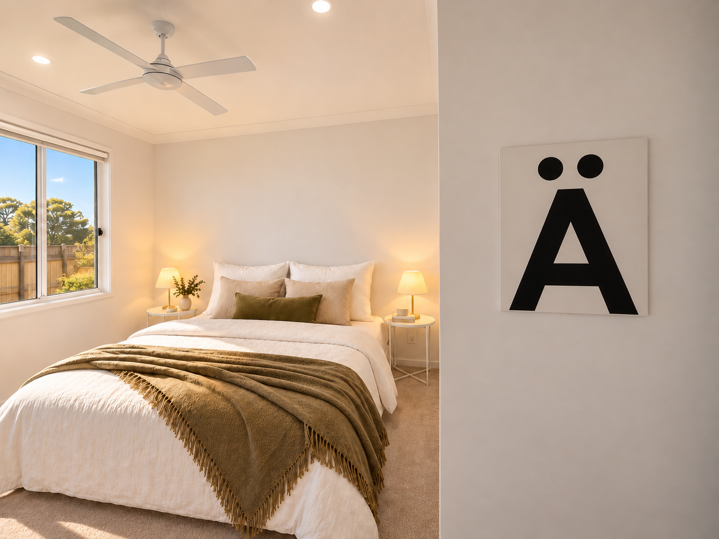 Bright, cozy bedroom with soft lighting and modern styling