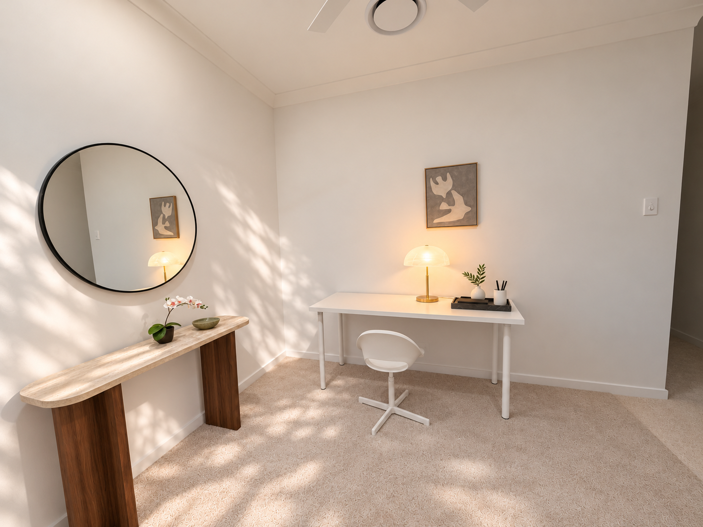 Bright, stylish workspace nook with warm light and minimalist decor