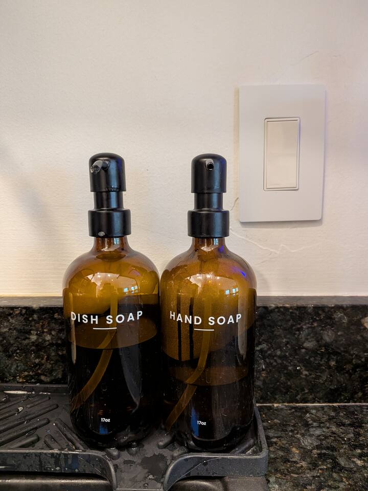 Dish soap and hand soap provided in kitchen