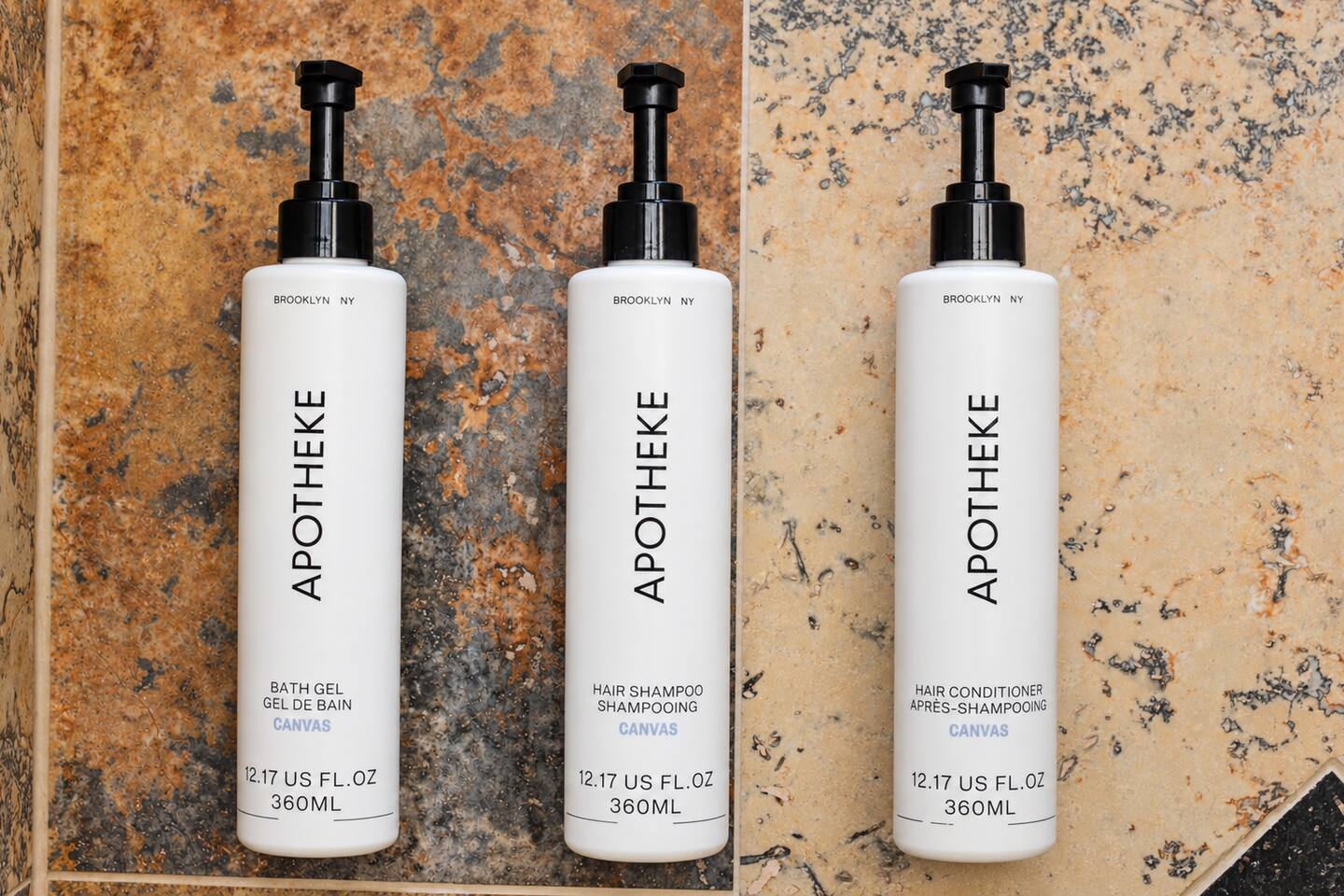 Apotheke shampoo, conditioner, and body wash provided in every shower