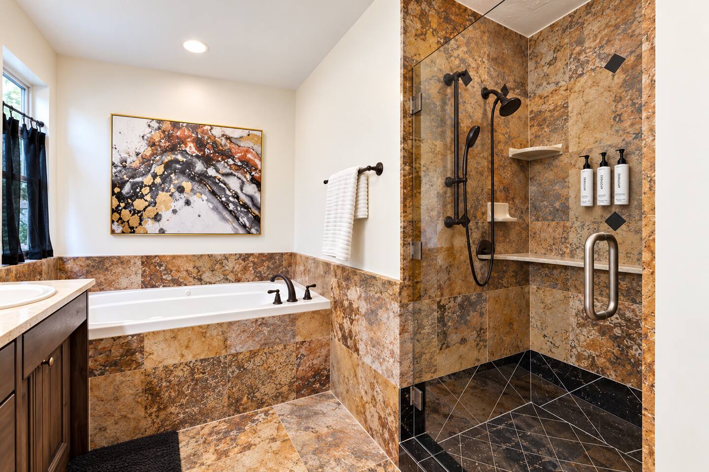 Primary Suite (Main Level) Bathroom with Jacuzzi Tub and Walk-In Shower