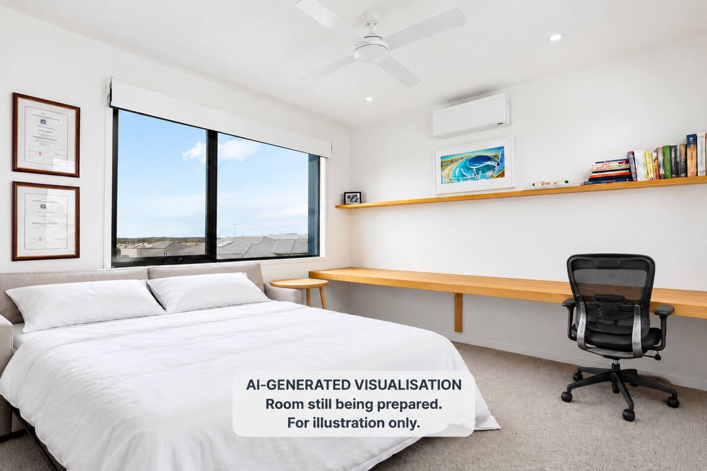 AI-generated visualisation for illustration only. This room is still being prepared and will feature a queen-size sofa bed alongside the office space. The final setup may vary slightly.