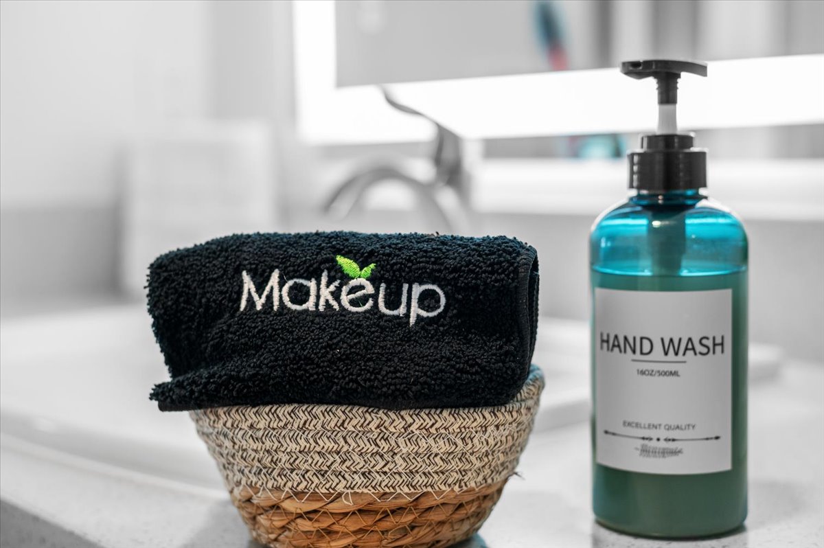 Thoughtful bathroom touches with makeup towel and premium hand wash