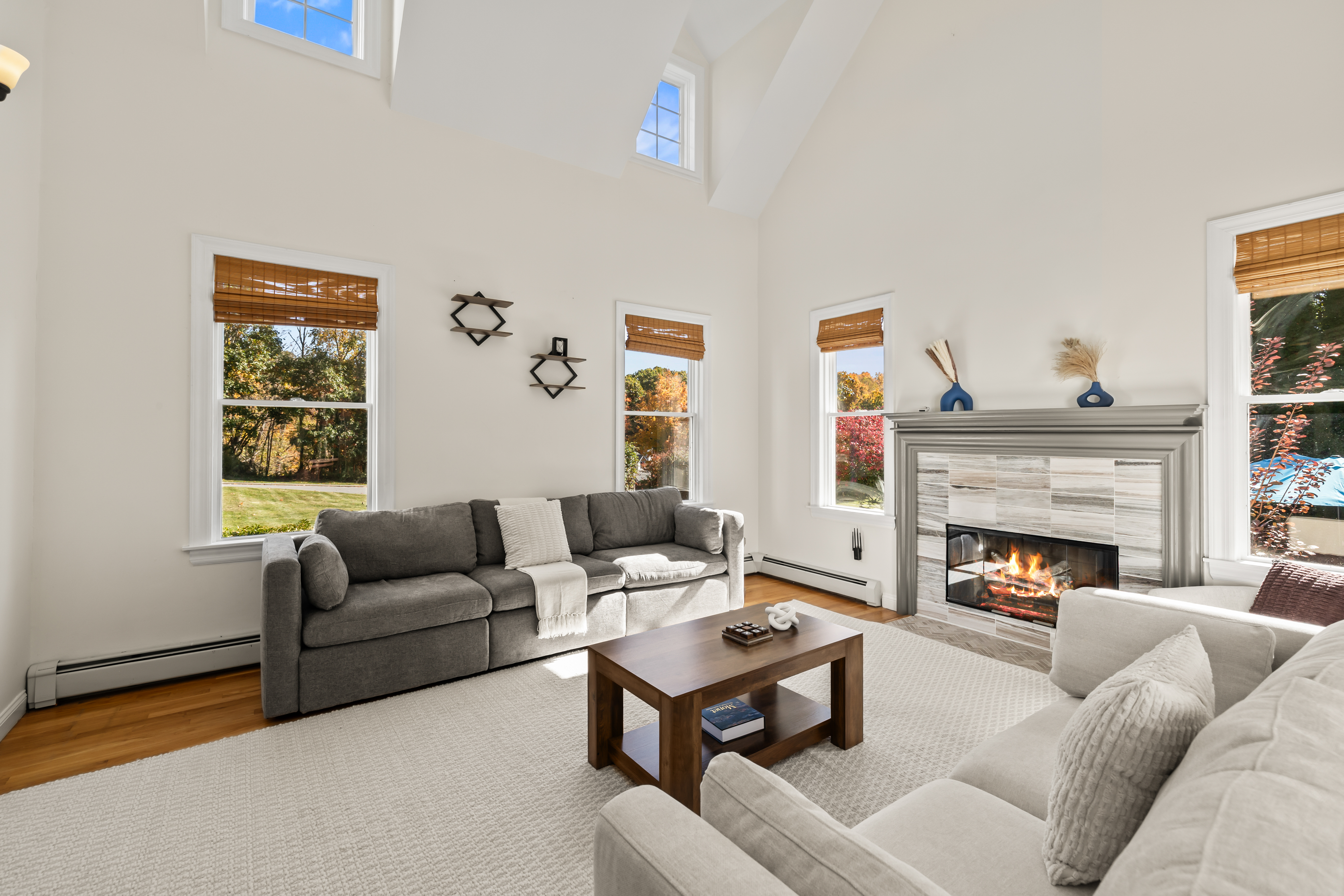 Sun-filled living room with vaulted ceilings and a cozy fireplace
