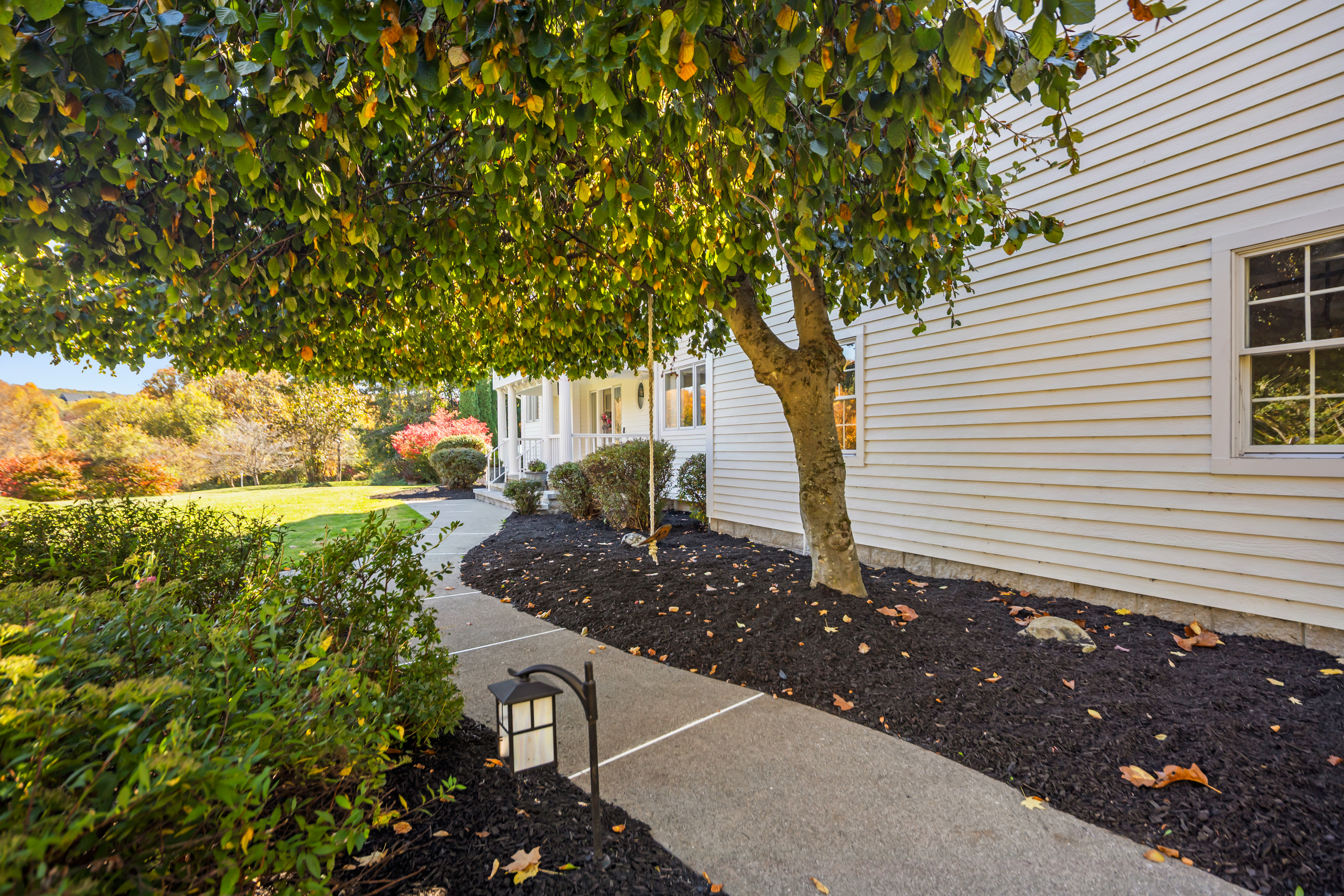 Charming tree-lined walkway with lush landscaping and inviting curb appeal