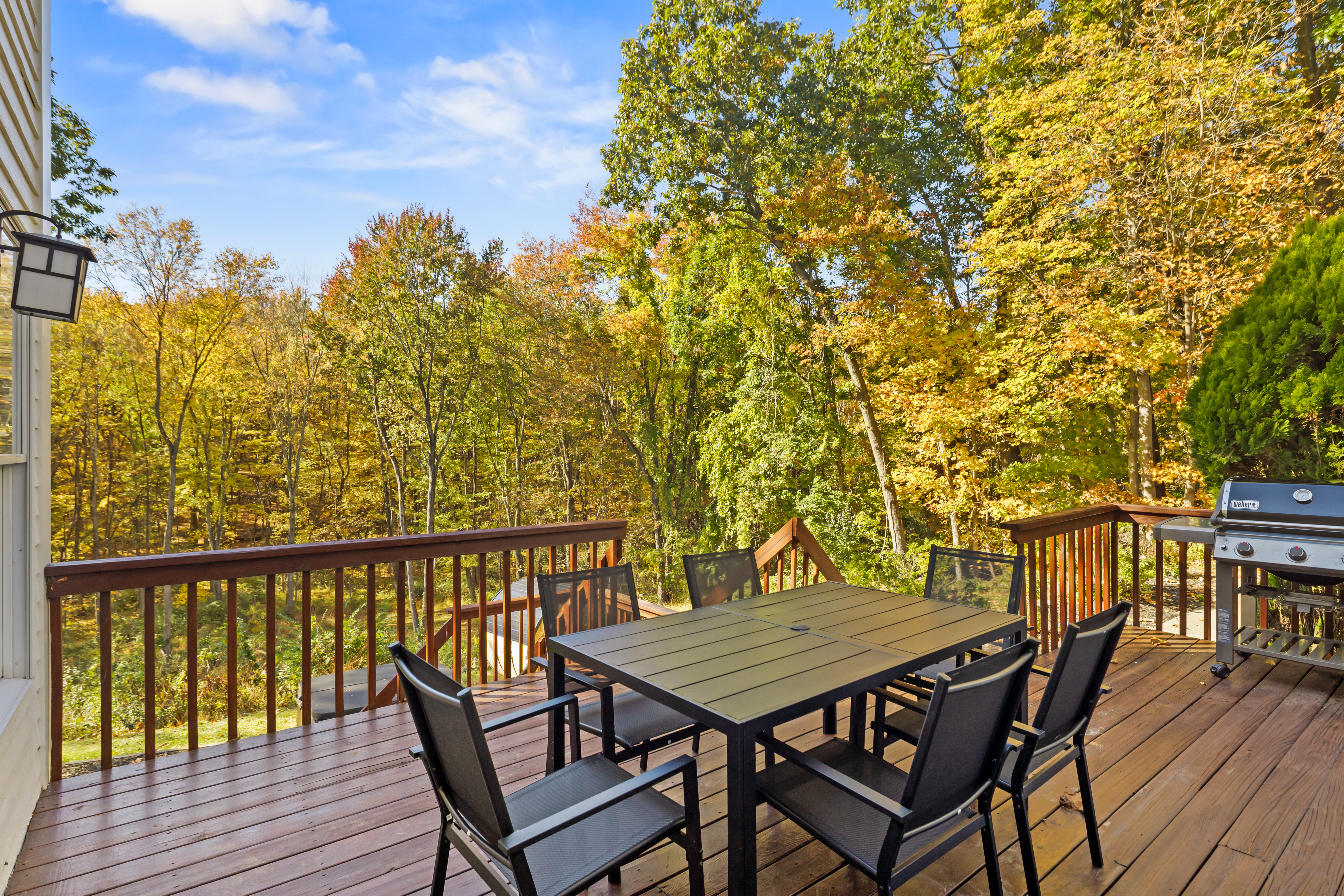 Private wooded deck with outdoor dining, grill, and scenic tree views