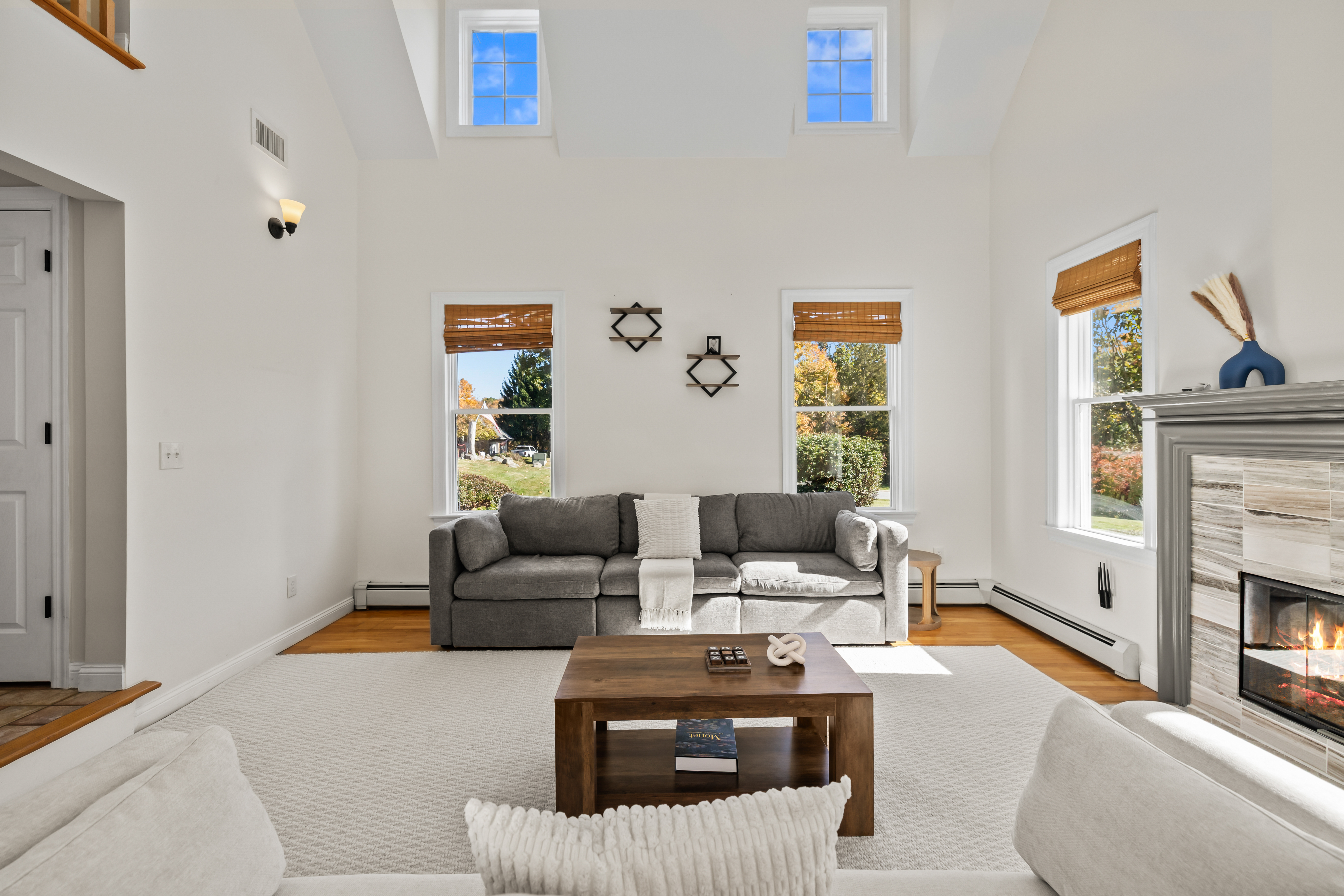 Bright double-height living room with fireplace and sunny outdoor views