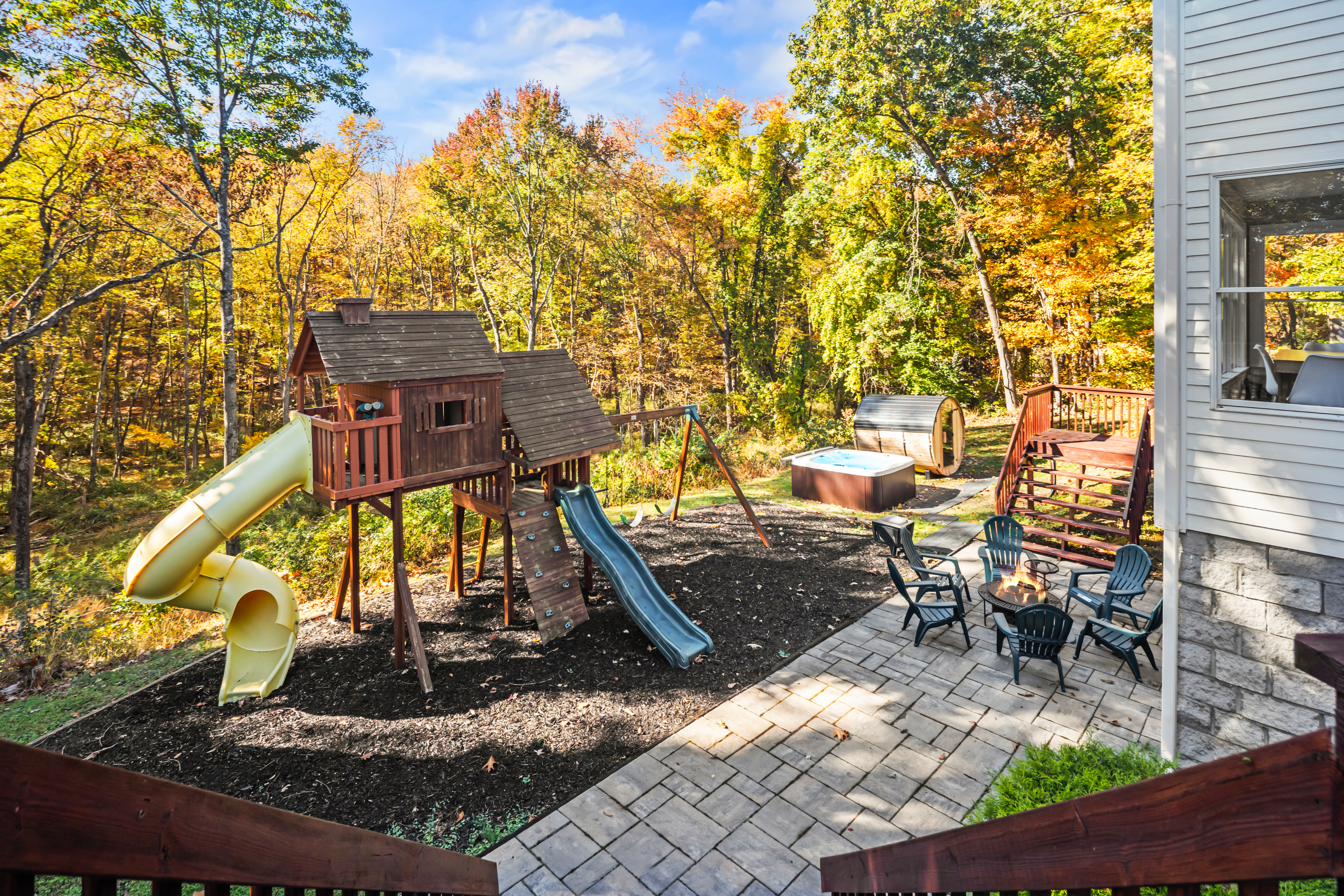 Private backyard retreat with playset, hot tub, sauna & fire pit