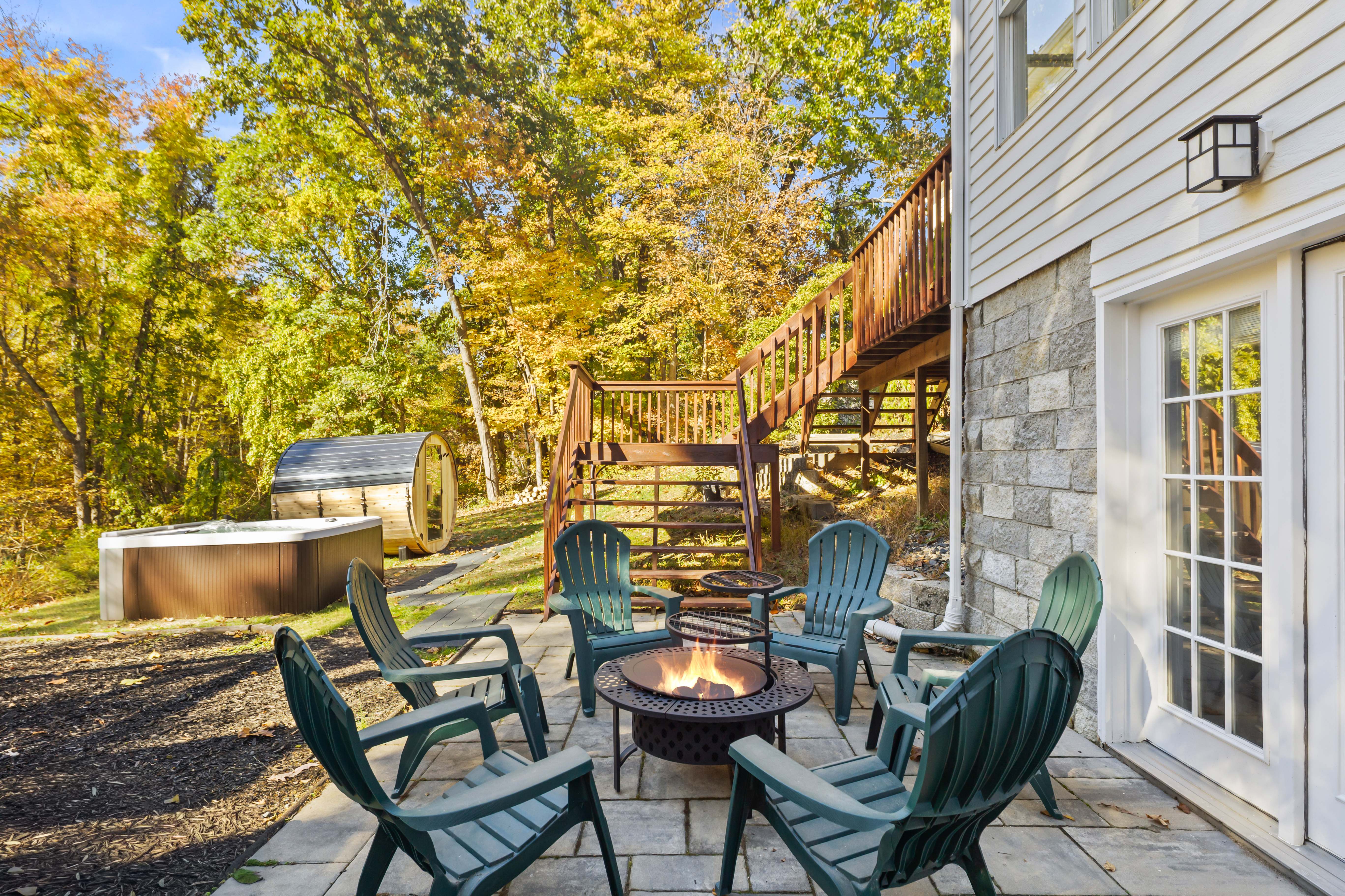 Private backyard retreat with fire pit, hot tub, and sauna