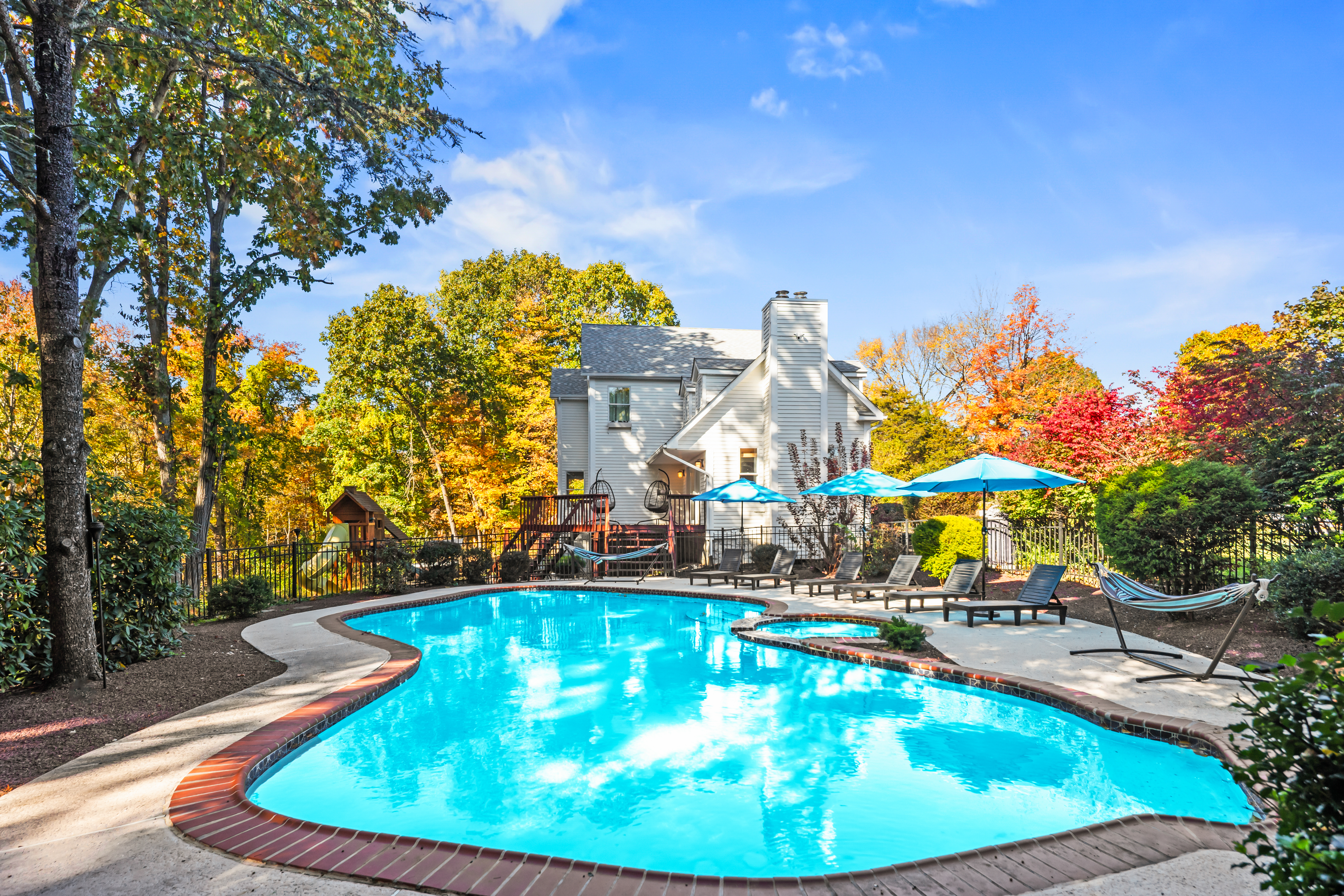 Private resort-style pool and spa surrounded by beautiful mature trees