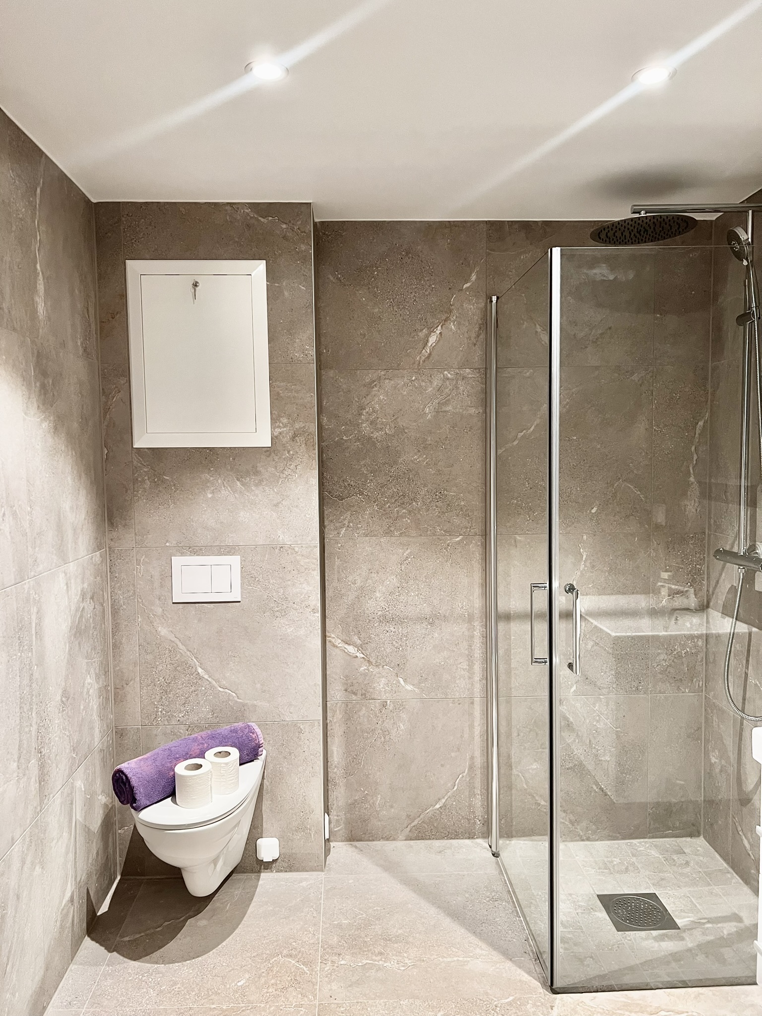 Modern tiled bathroom with glass walk-in rain shower