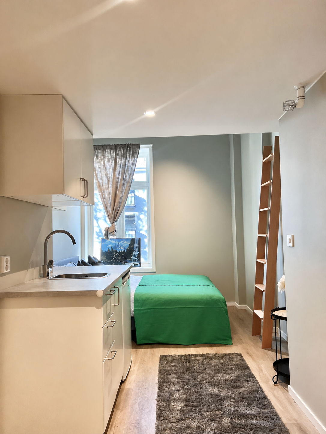Bright, space-savvy studio with kitchenette and cozy sleeping nook