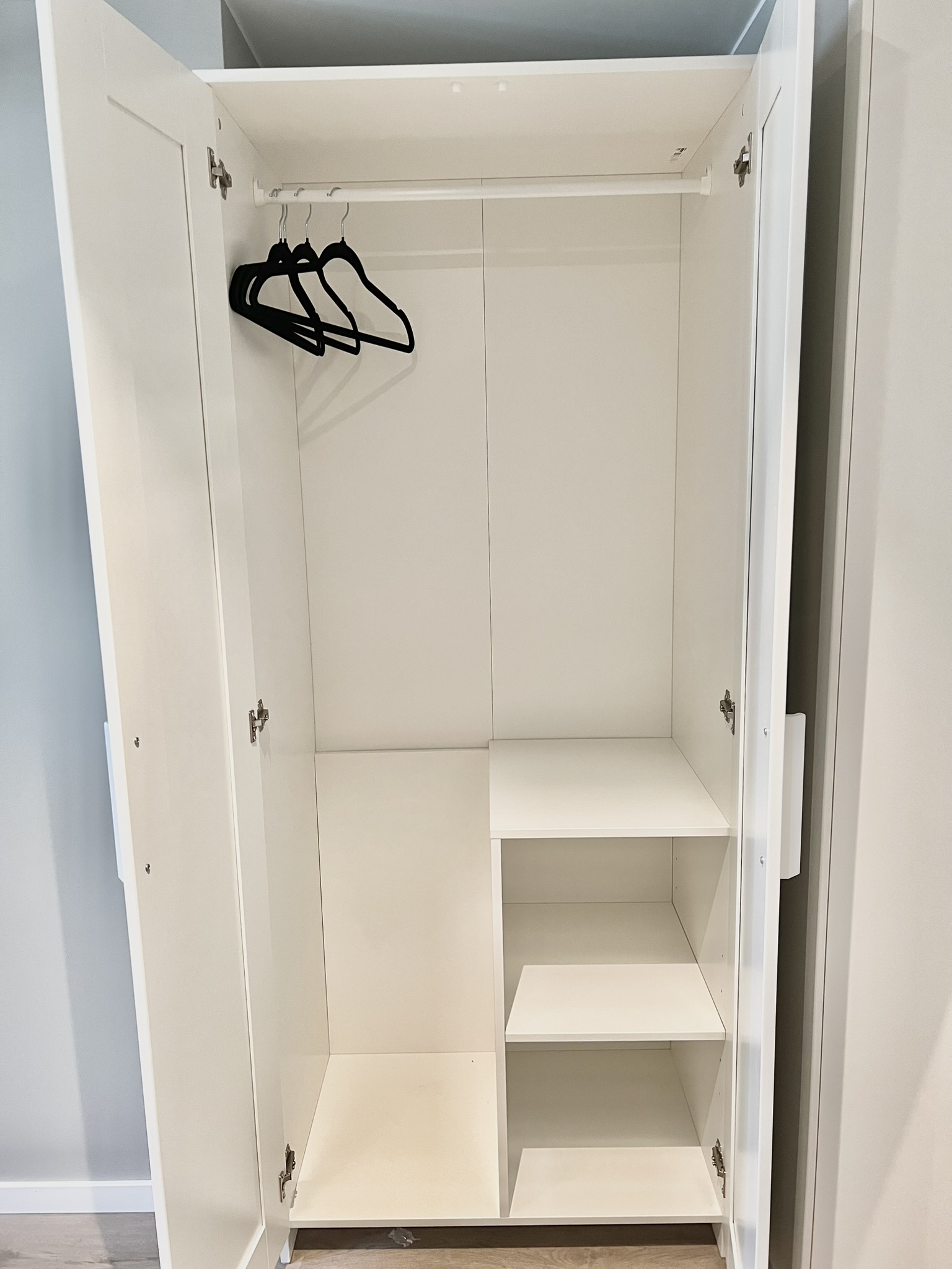 Bright built-in wardrobe with hanging space and handy shelves