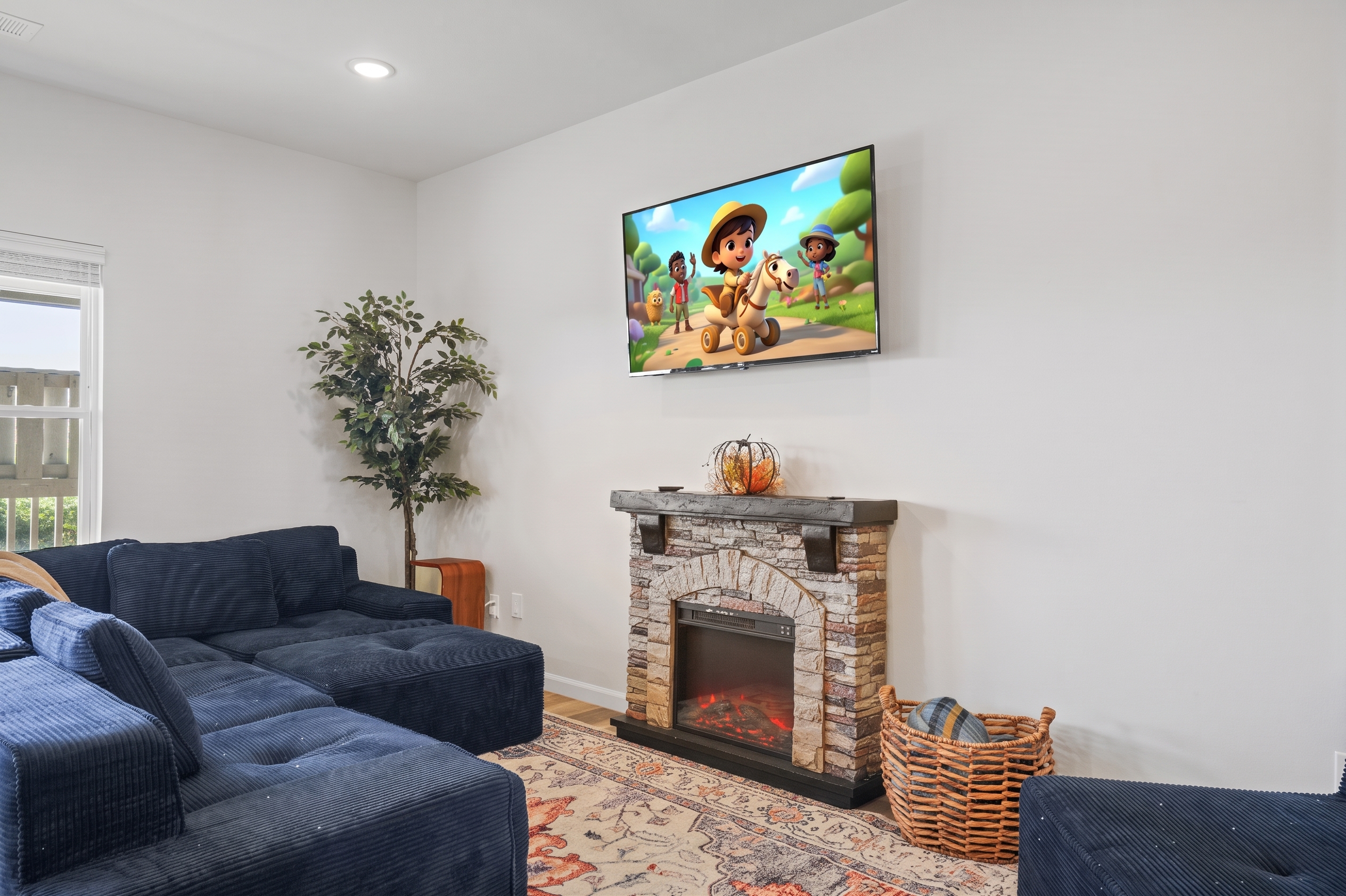 Cozy living room with plush seating, fireplace, and wall-mounted TV