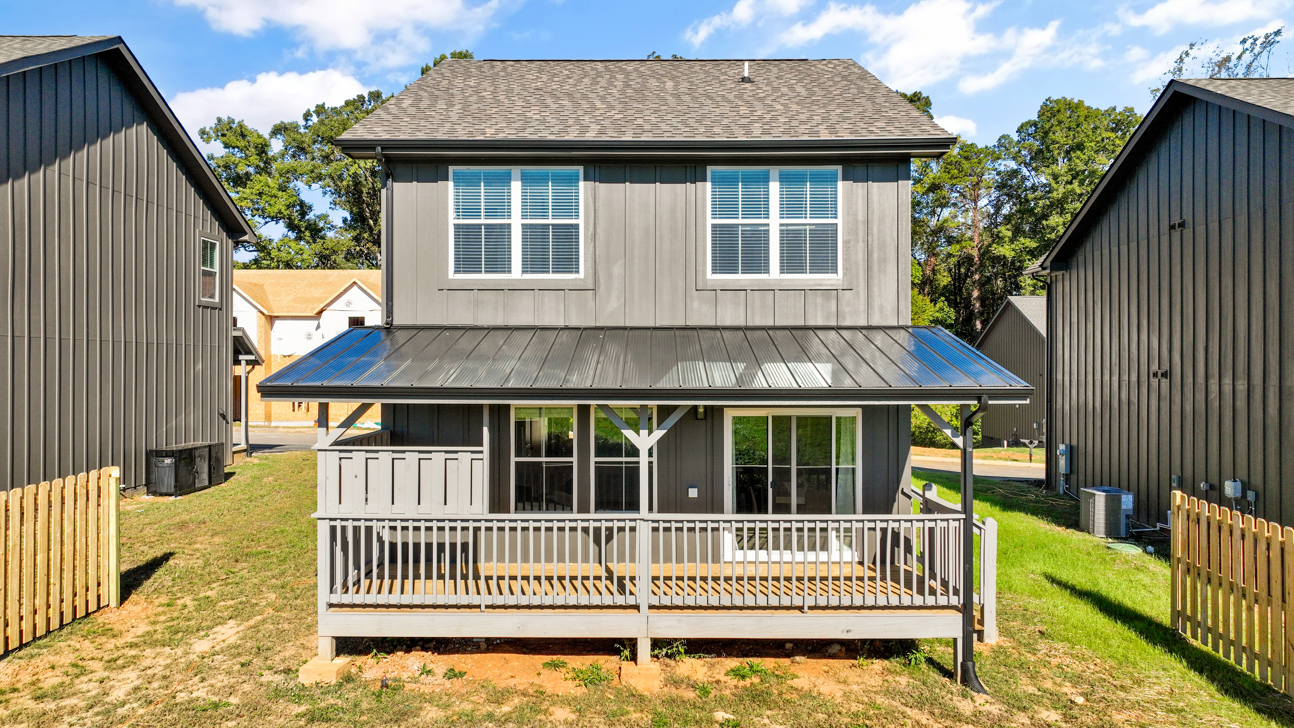 Modern home with covered back deck and bright backyard views