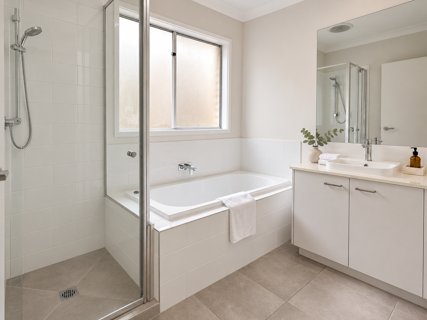 Bright modern bathroom with walk-in shower and relaxing full bathtub