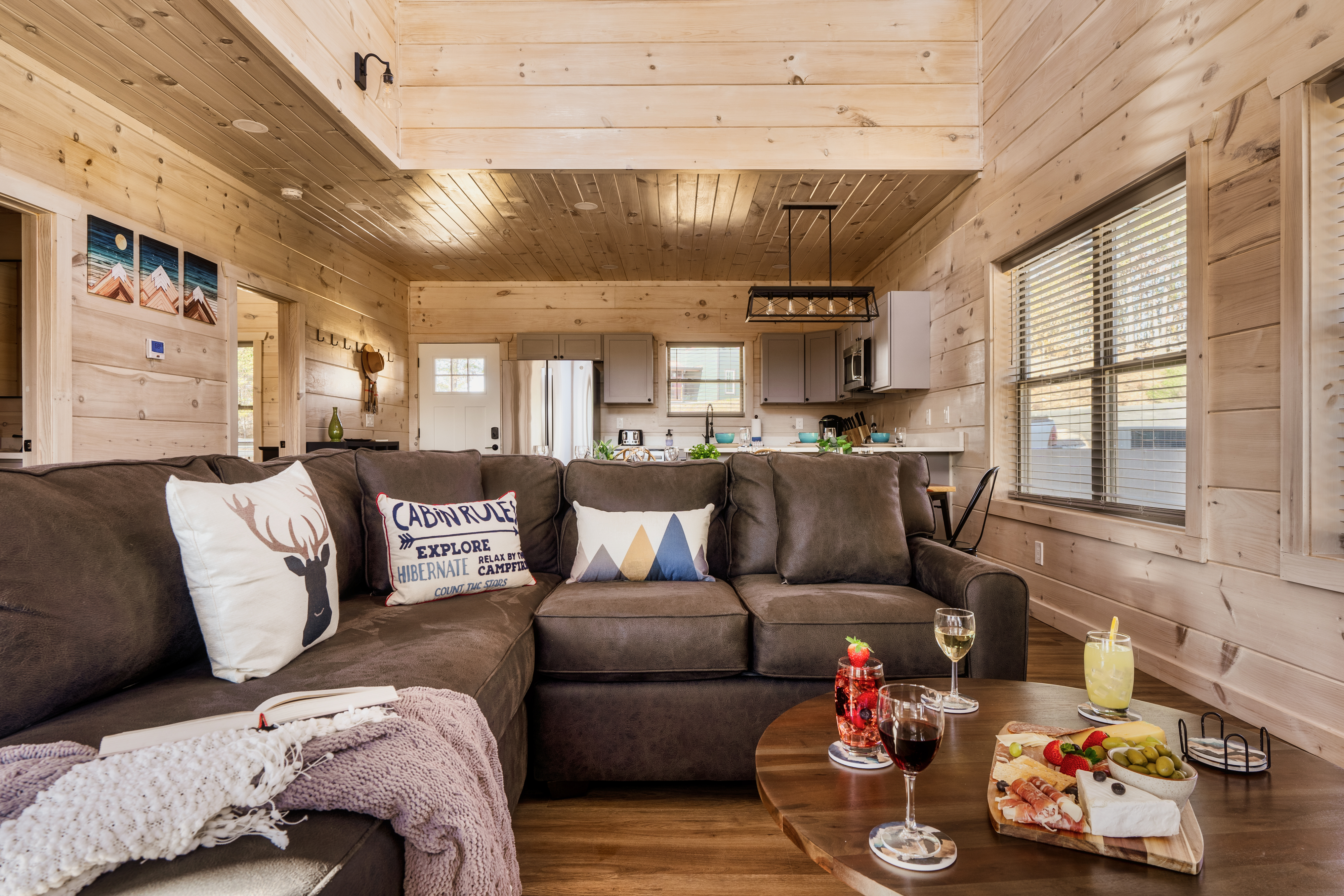 Cozy cabin lounge with spacious seating, natural light, and rustic charm
