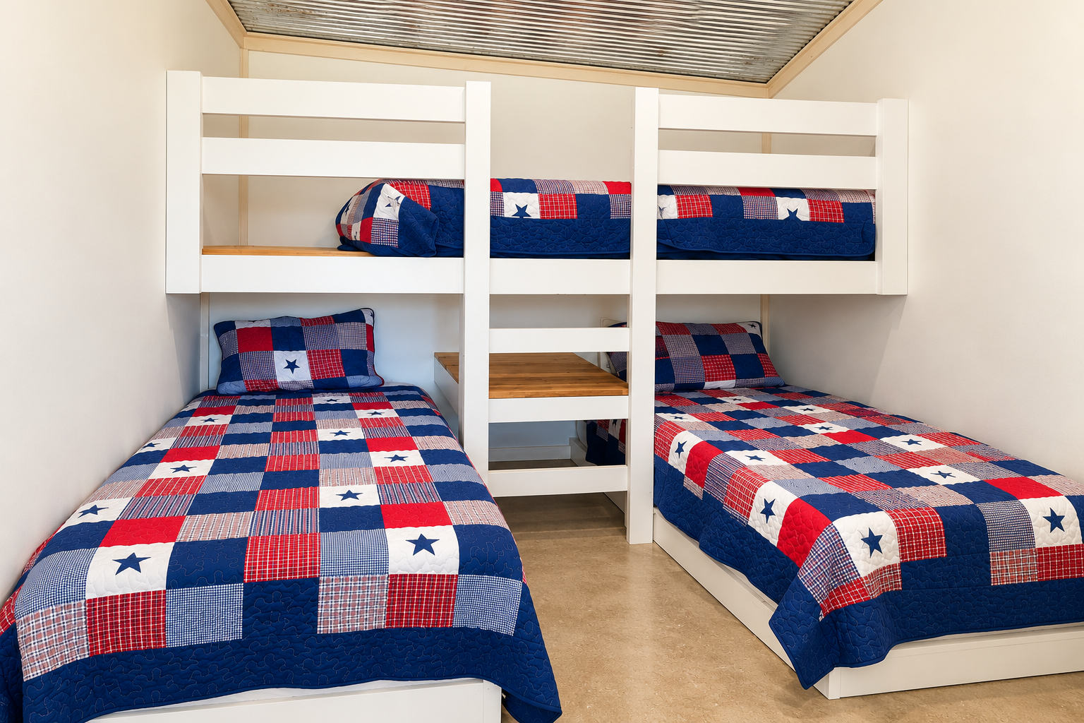 Open triple-bunk area off the living room: 3 twin mattresses, two on the bottom and one on top. Not a private bedroom.