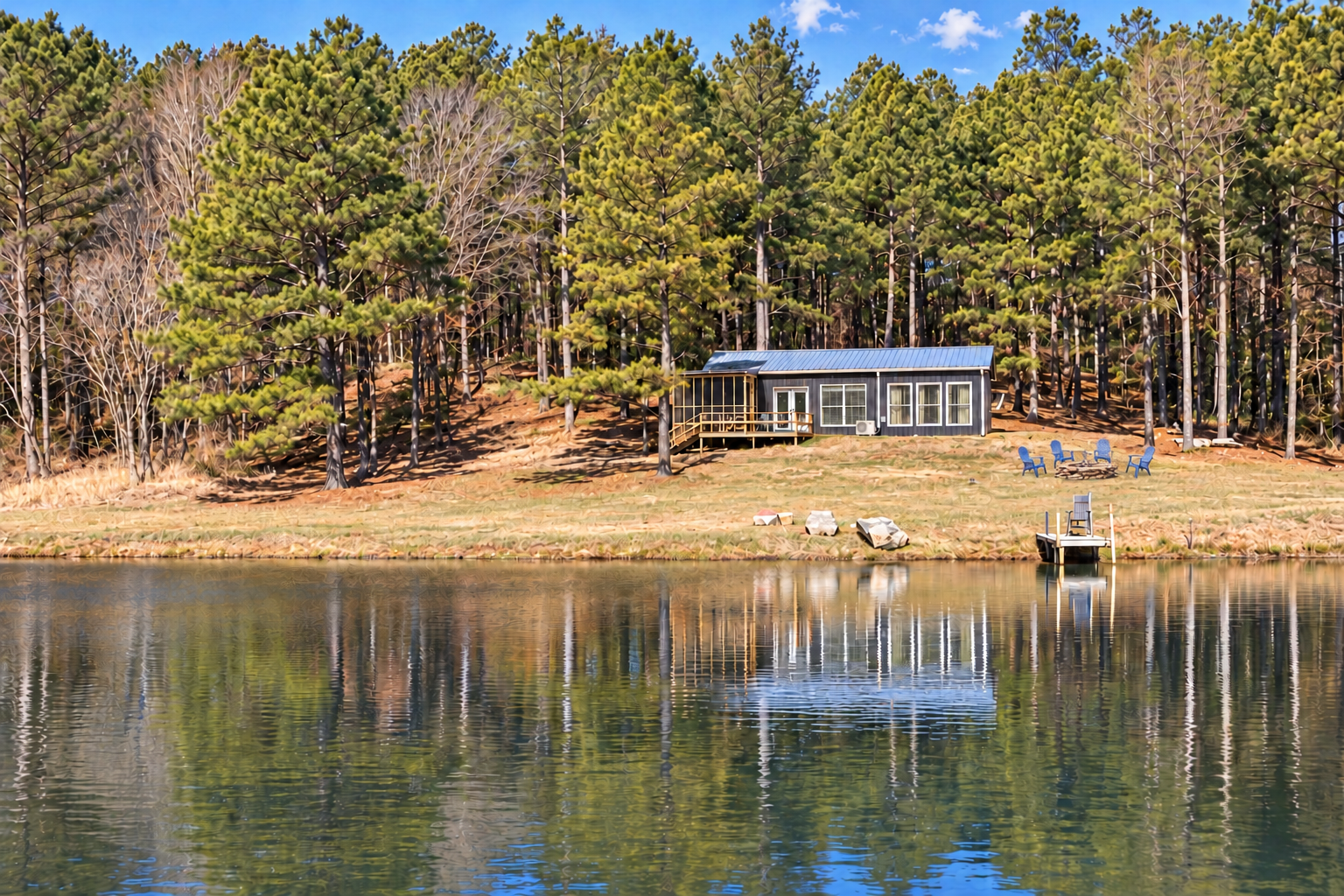 Private lakeside cabin with dock, porch, and peaceful forest views