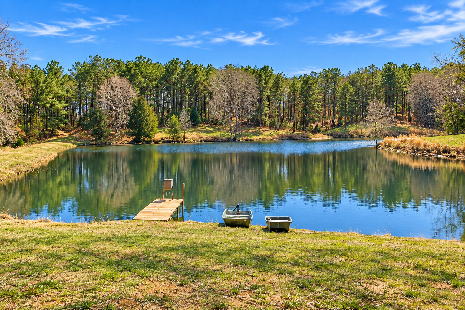 Private pond with dock, boats, and peaceful wooded views