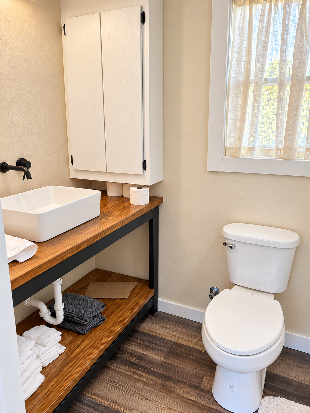 Bright modern bathroom with wood vanity, vessel sink, and natural light