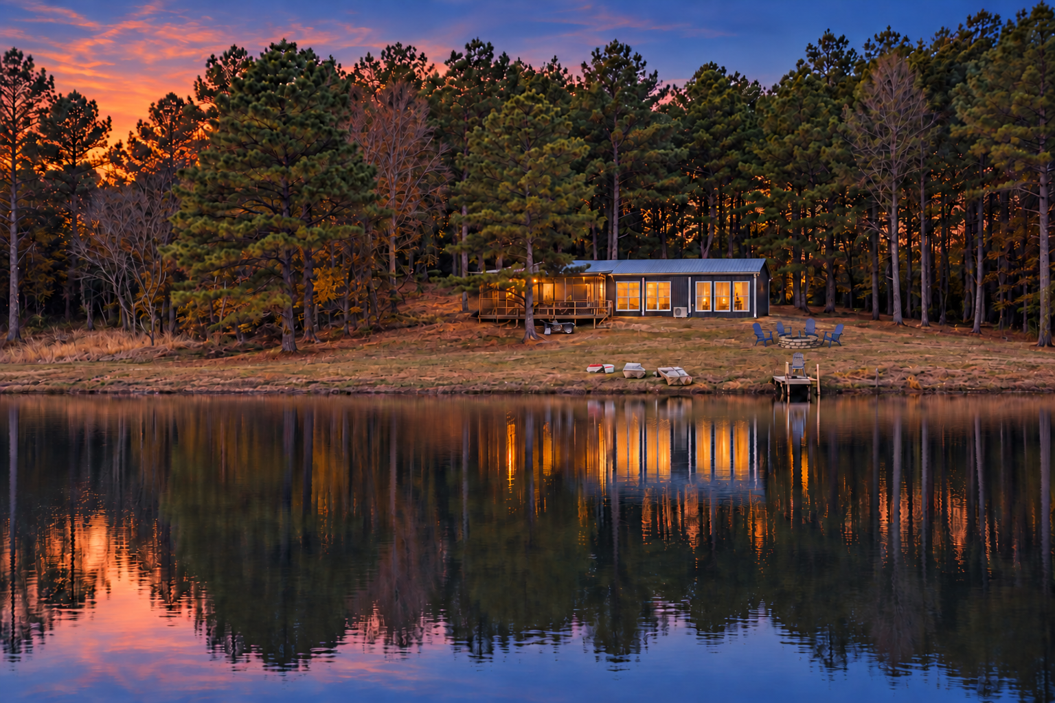 Waterfront cabin at sunset with dock, firepit seating, and forest views