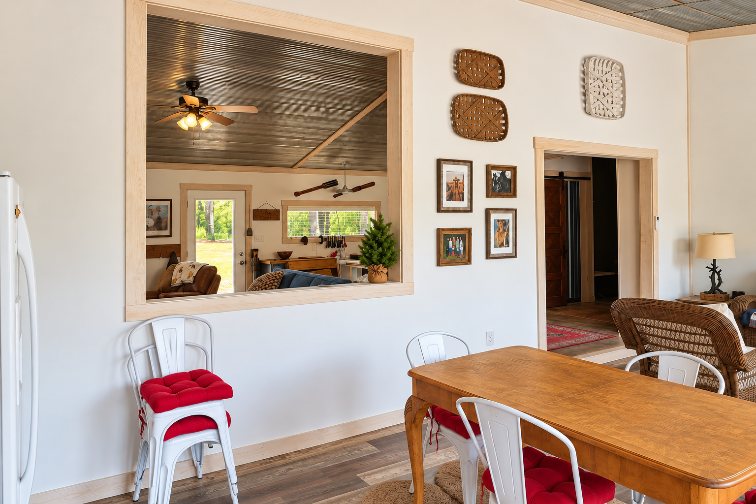 Bright farmhouse dining area with open flow and rustic charm