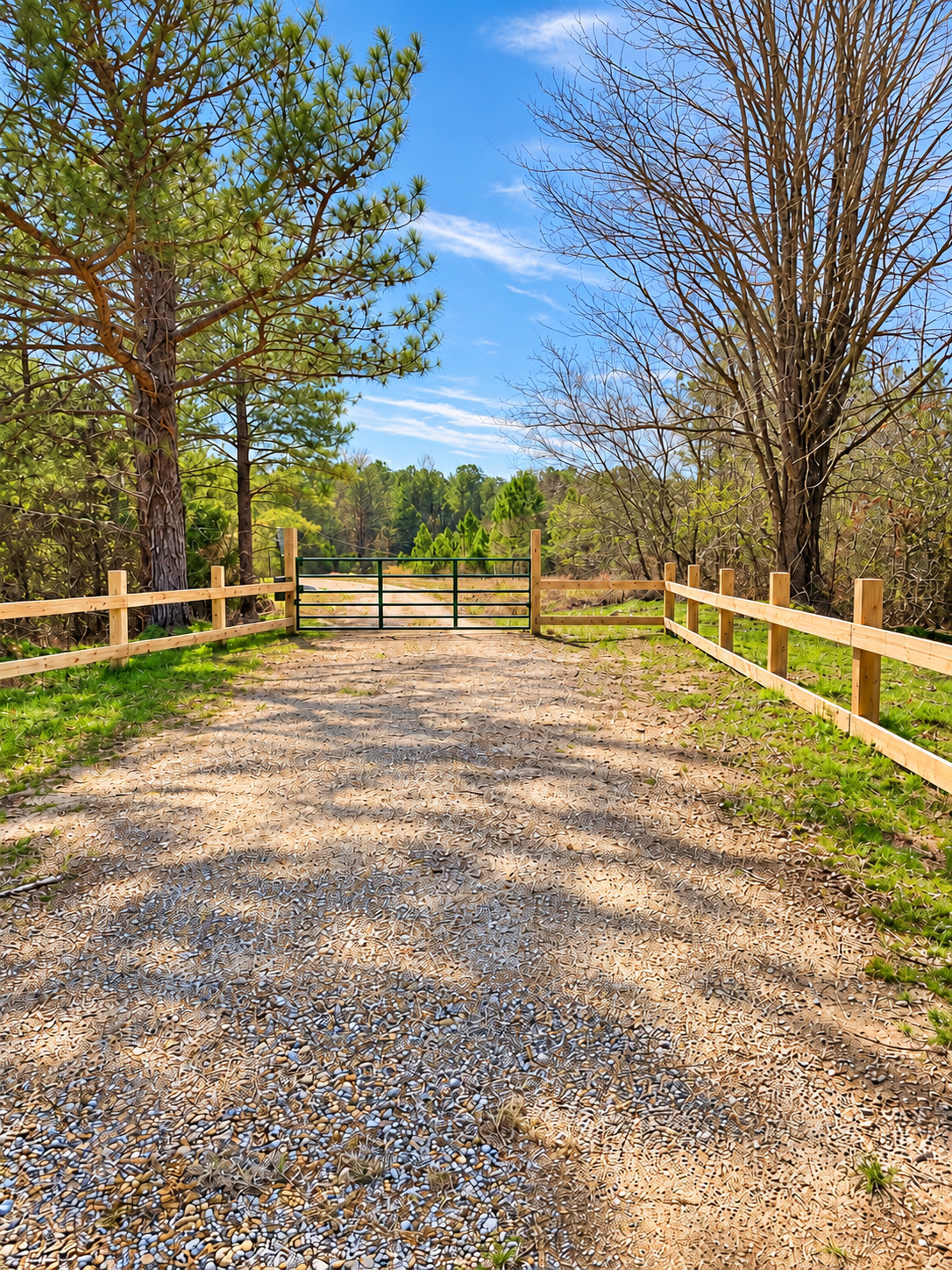 Private gated entry with peaceful wooded surroundings