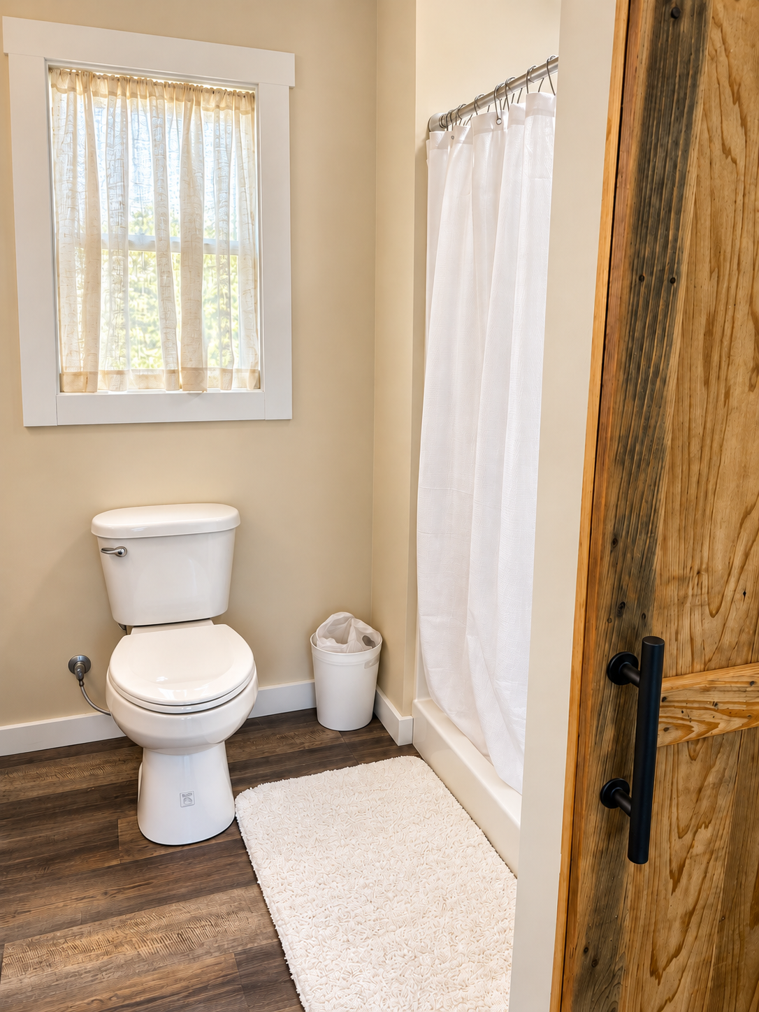 Bright bathroom with walk-in shower, natural light, and rustic charm