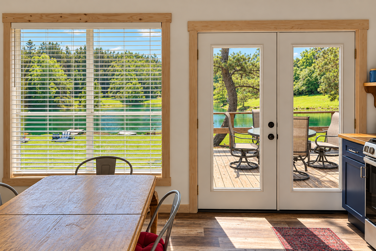 Sunny dining space with deck access and beautiful lake views