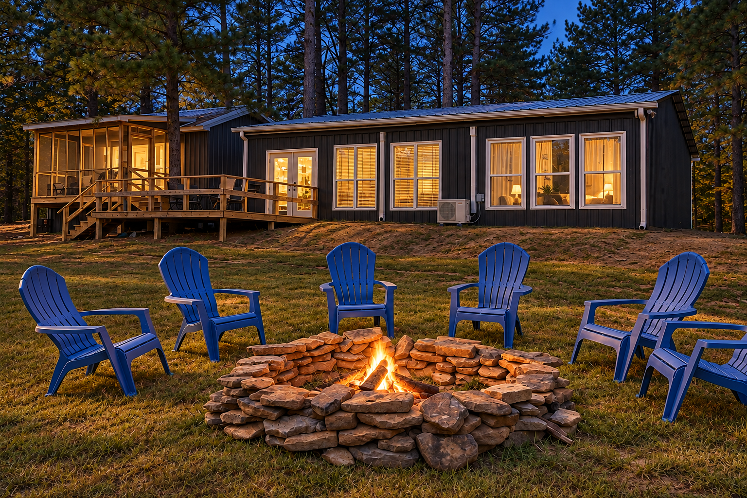 Cozy forest cabin with screened porch, deck, and fire pit seating