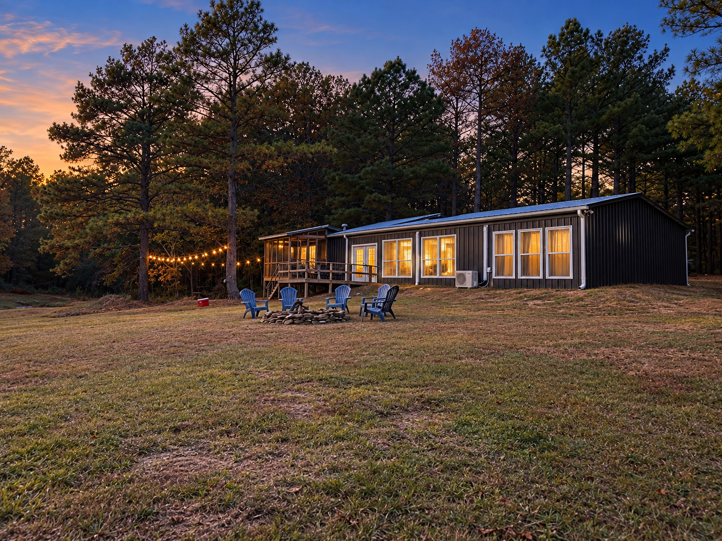 Peaceful forest cabin with fire pit, deck, and glowing sunset views
