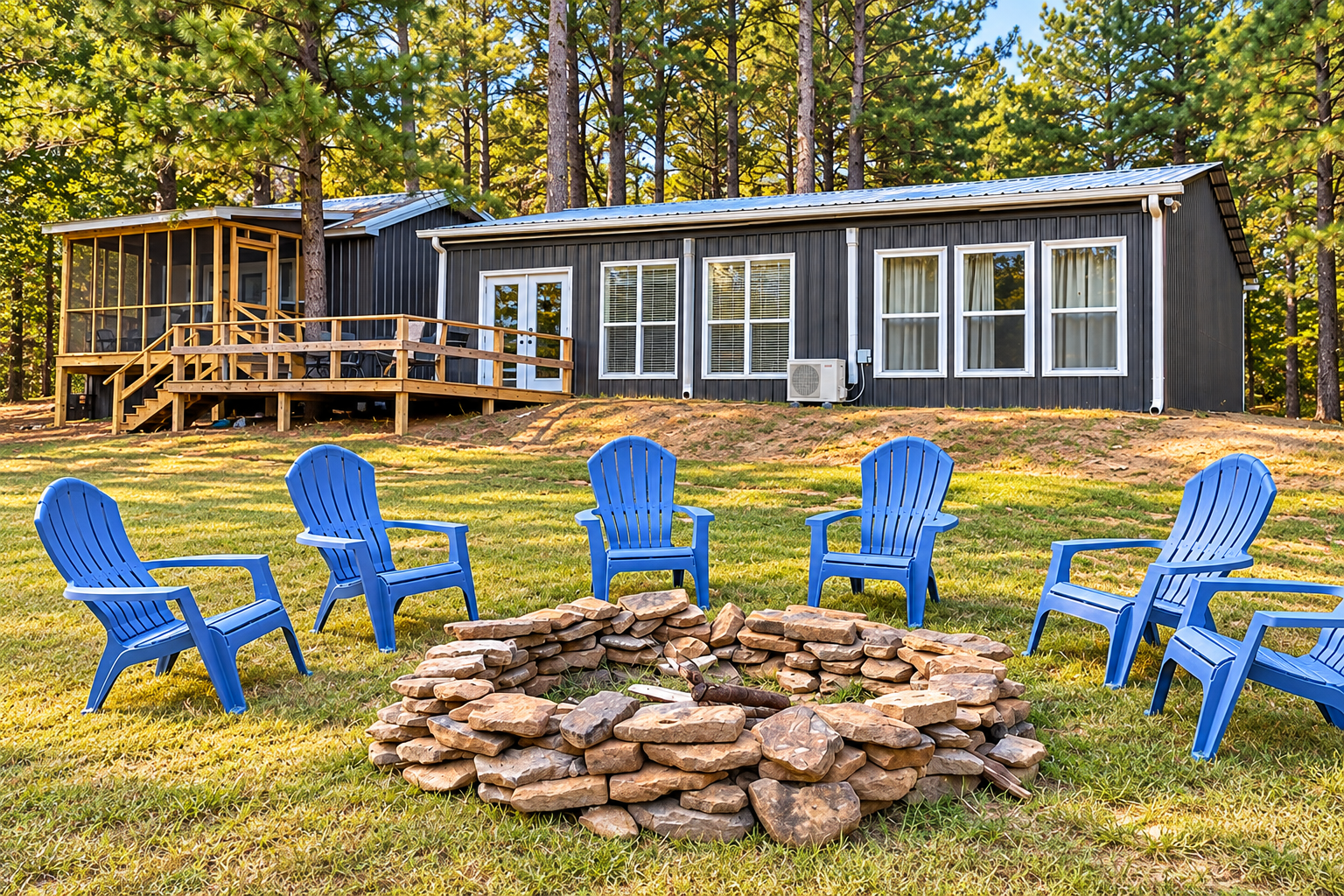 Relax by the fire pit at this charming cabin with deck and screened porch