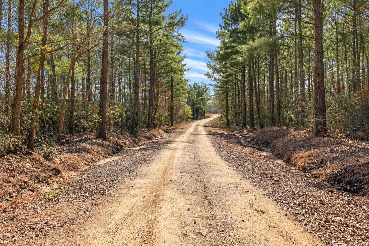 Peaceful wooded drive surrounded by towering pines and natural beauty