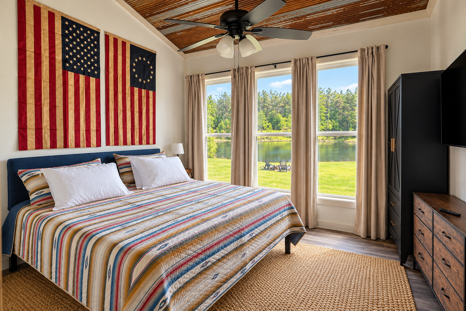 Bright lakeside bedroom with large windows and rustic-modern charm