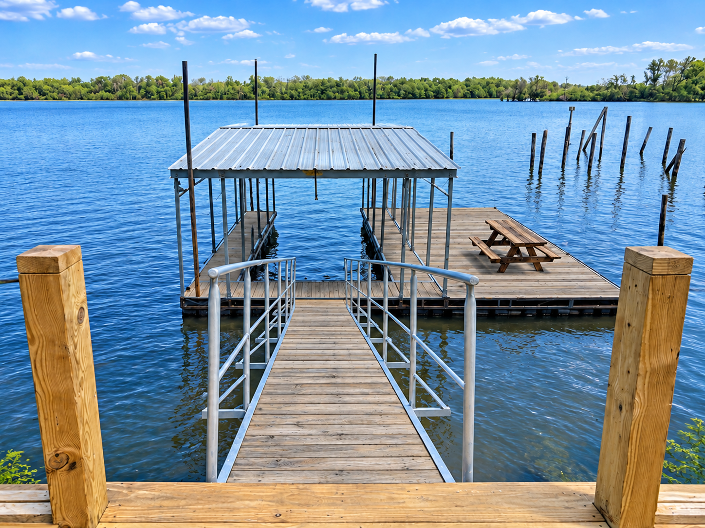 Private waterfront dock with covered slip and scenic picnic spot