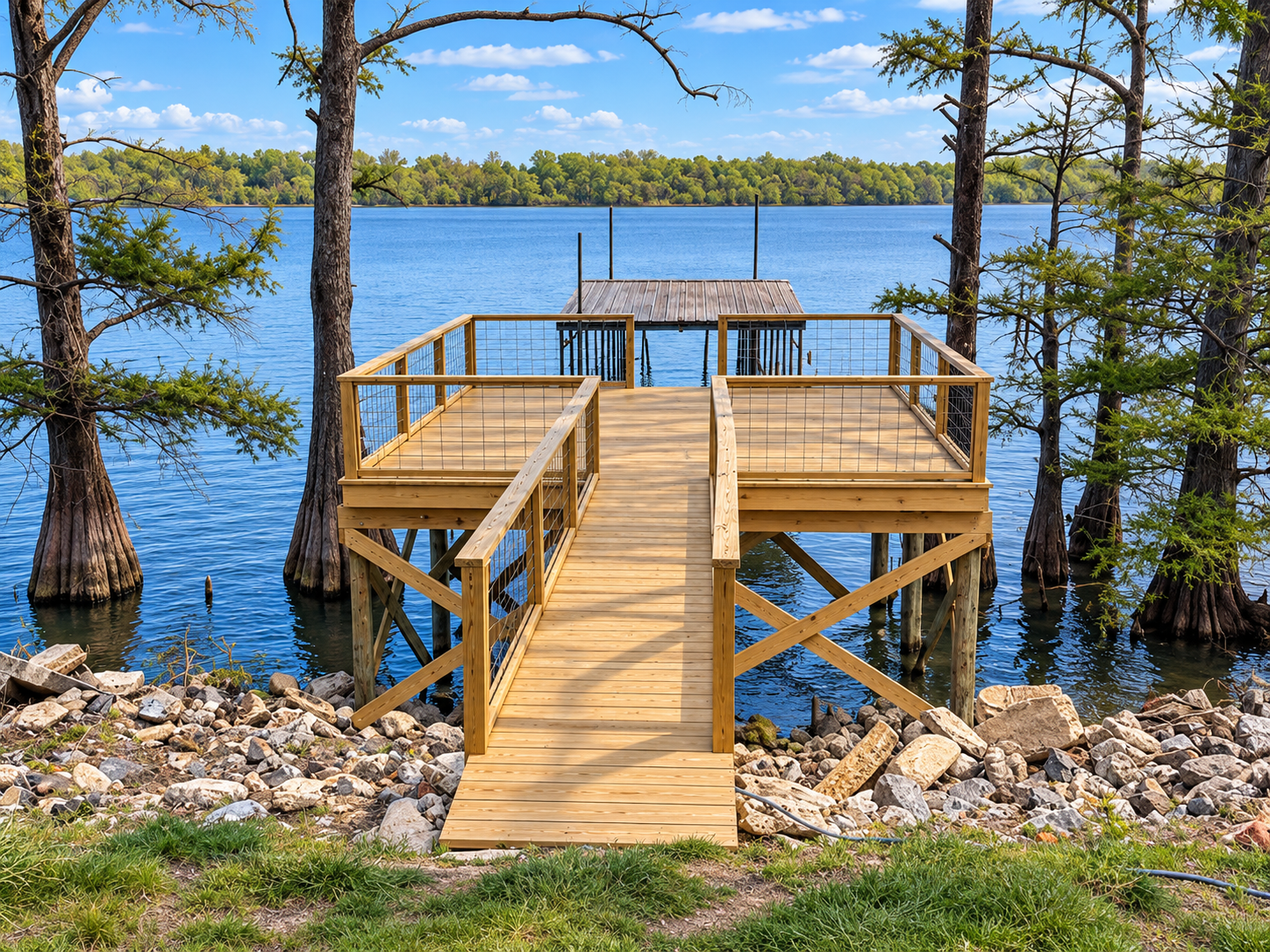 Spacious lakeside deck with private dock and peaceful water views