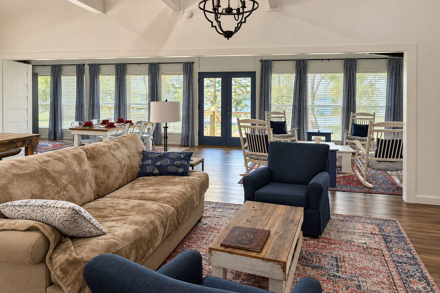 Bright, airy living room with vaulted ceilings and cozy gathering spaces