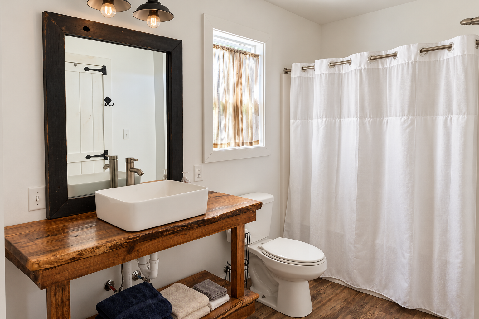 Bright rustic-modern bathroom with vessel sink and full tub-shower