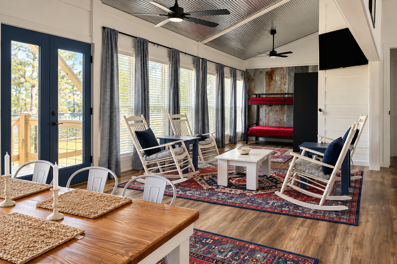 Bright rustic lounge with bunk beds, rocking chairs, and forest views