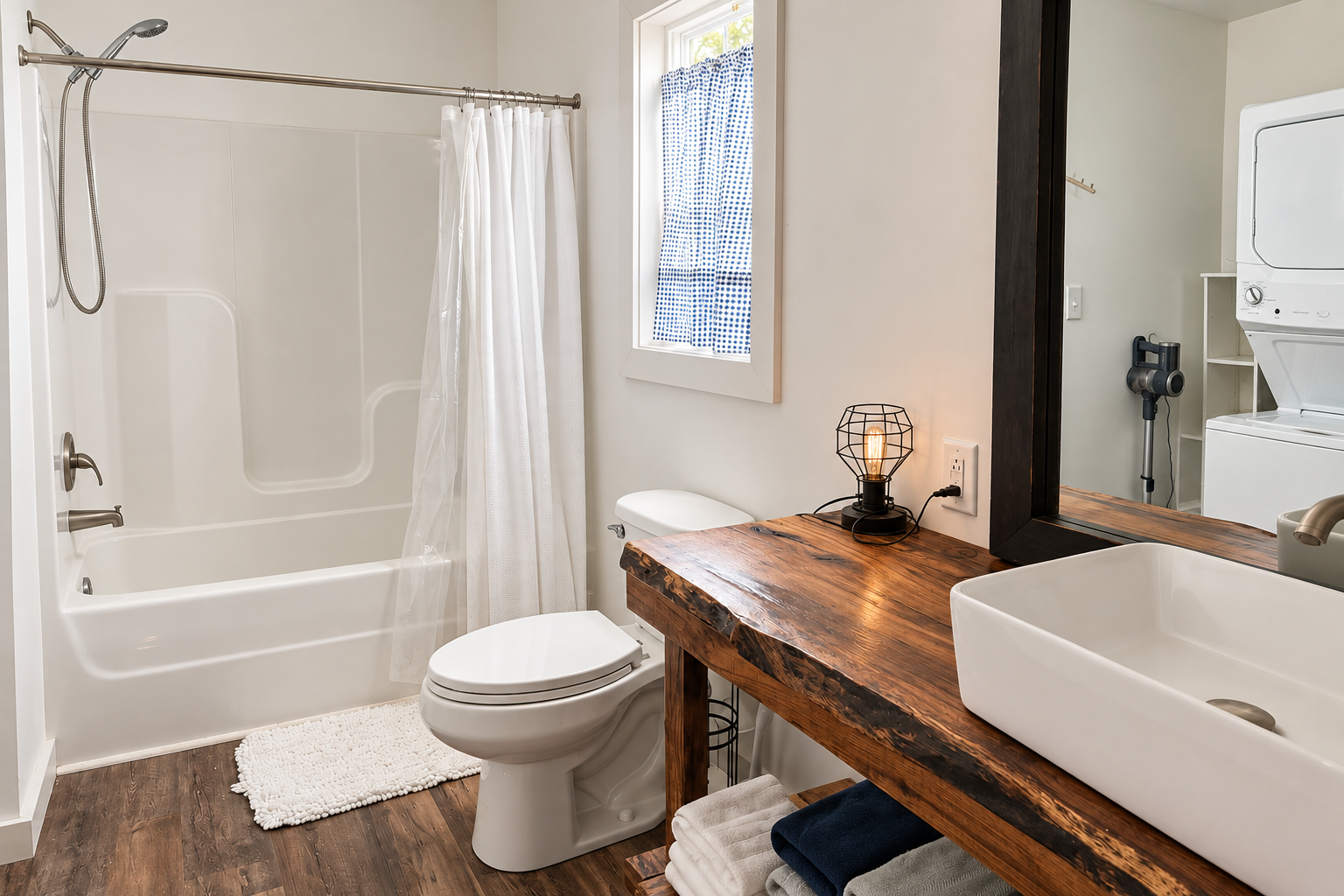 Bright rustic bathroom with tub-shower and in-unit washer/dryer