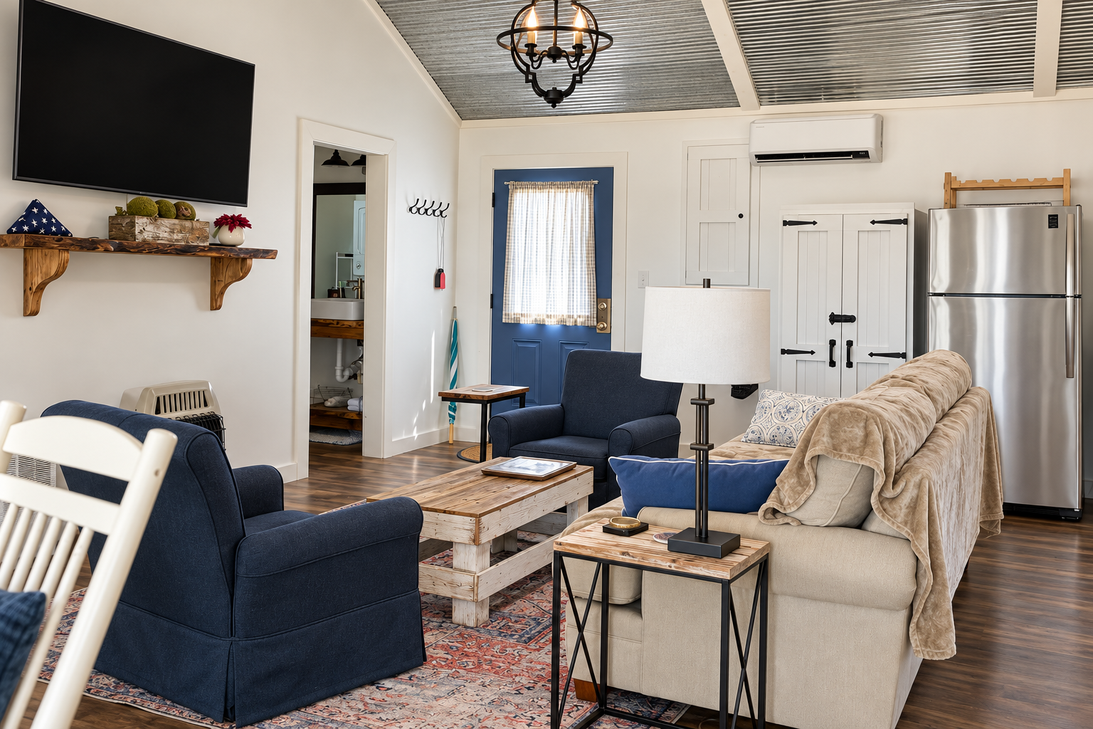 Cozy farmhouse-style living room with comfy seating and rustic charm