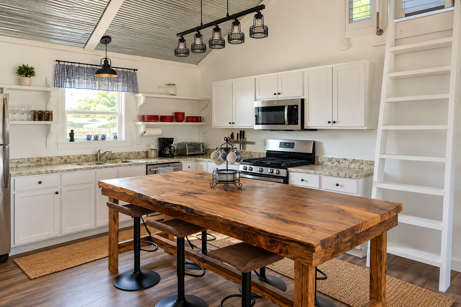Bright farmhouse kitchen with rustic island and stylish loft ladder