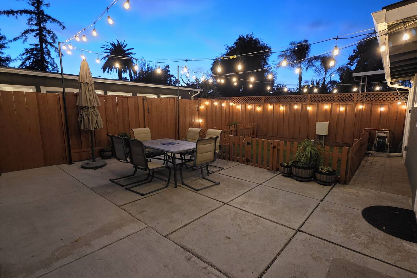 Shared backyard with string lights, shared with guests of the back units