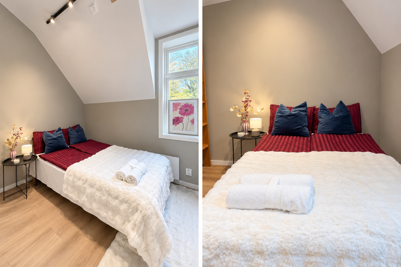 Cozy attic-style bedroom with soft lighting and a bright window view