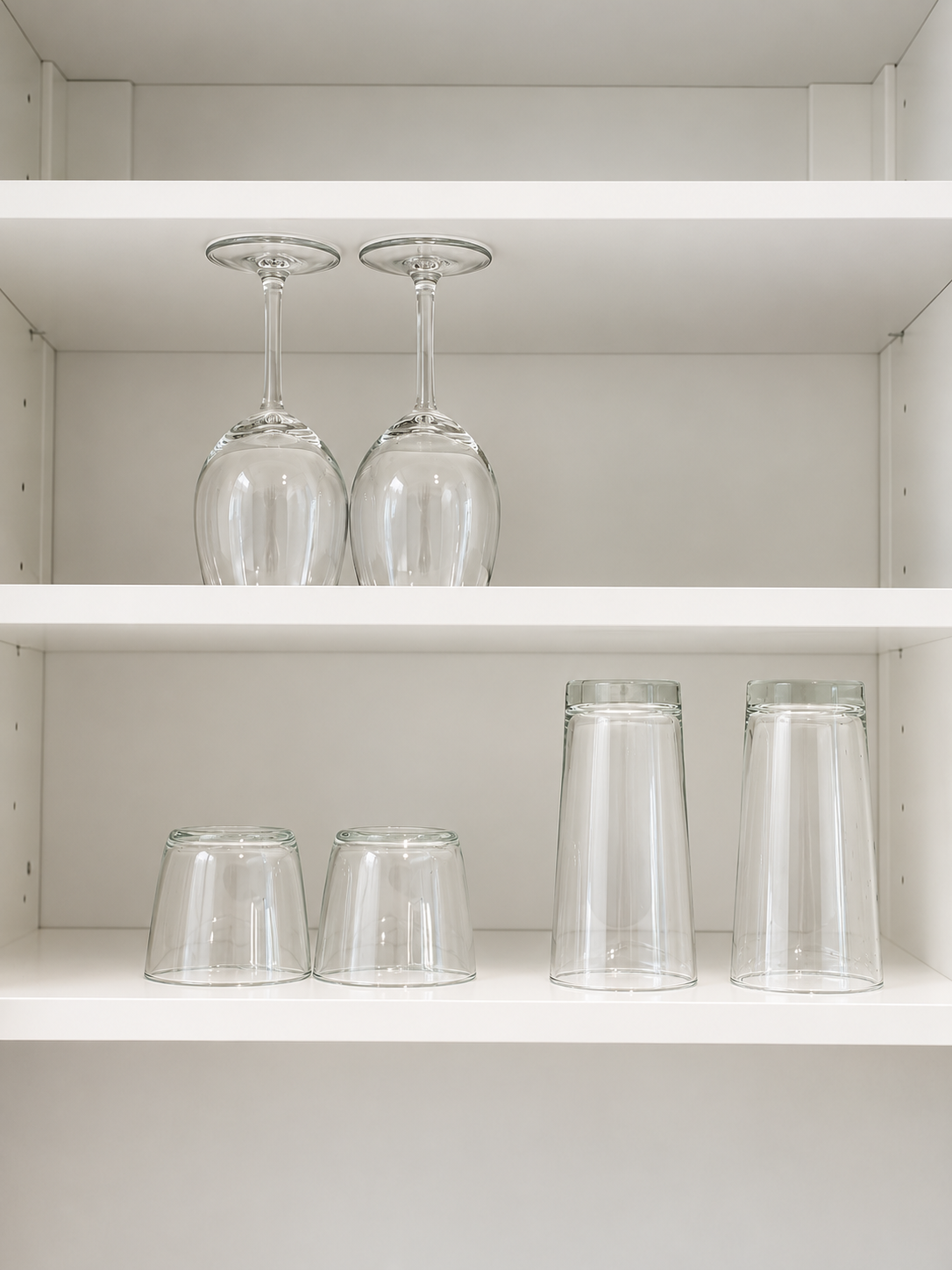 Neatly stocked glassware cabinet for easy entertaining