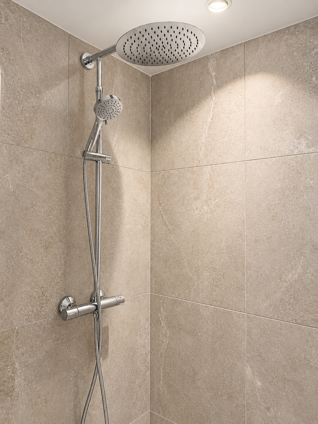 Spa-style walk-in shower with rainfall head and modern finishes