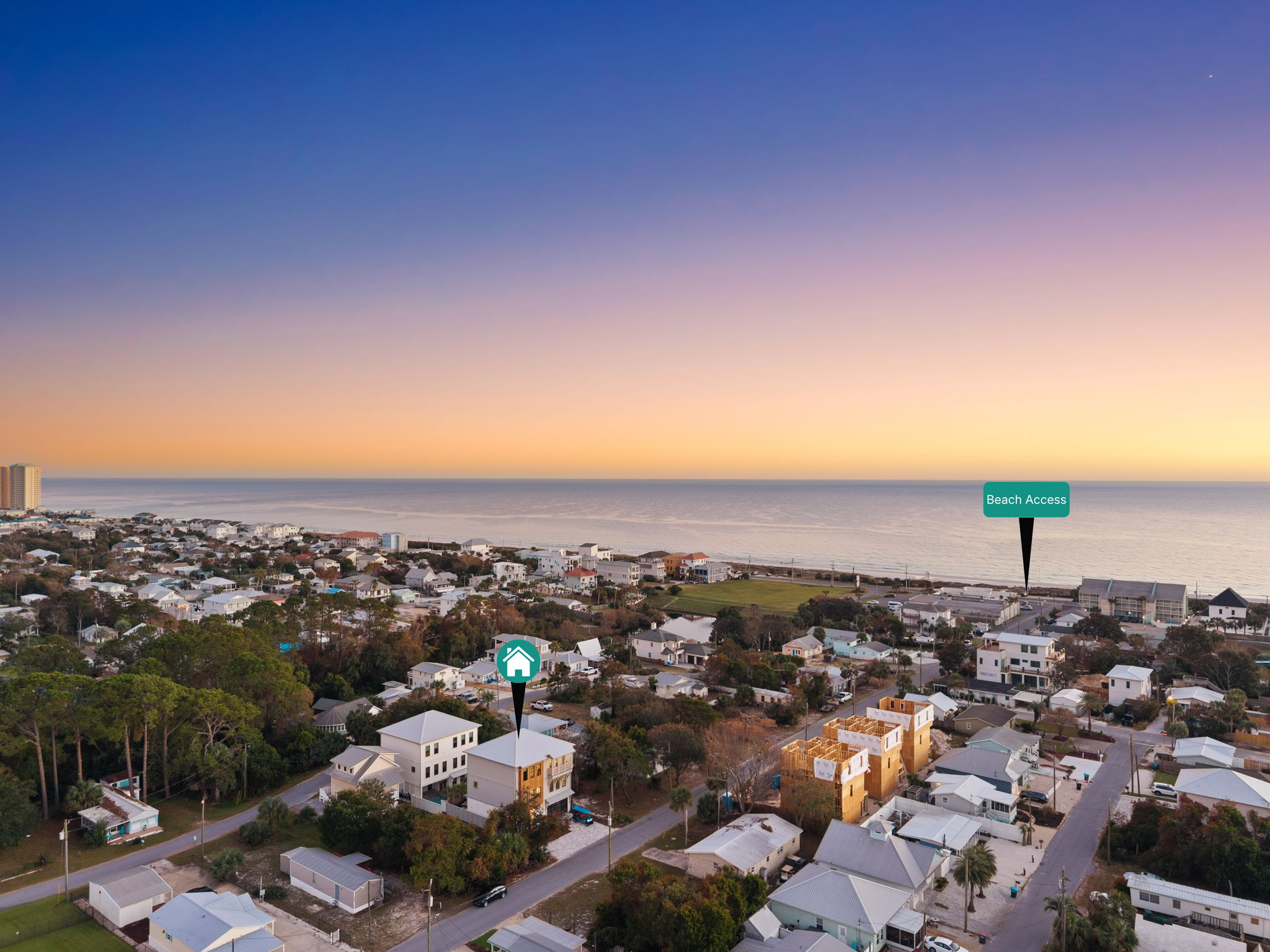 Coastal neighborhood views with easy beach access at sunset