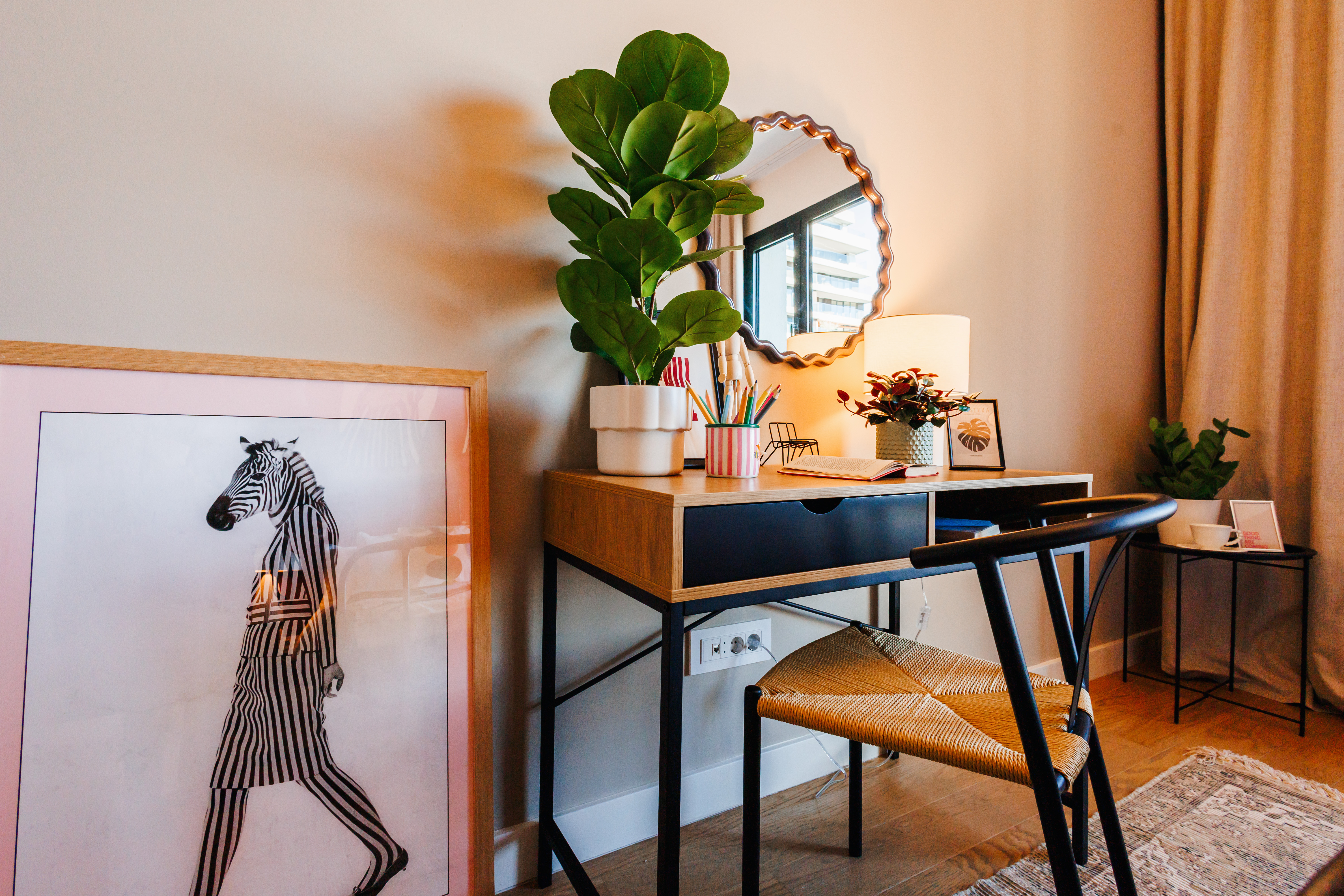 Chic, light-filled workspace with designer decor and warm modern style
